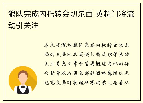 狼队完成内托转会切尔西 英超门将流动引关注