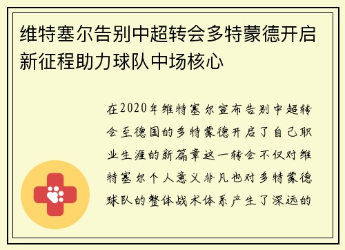 维特塞尔告别中超转会多特蒙德开启新征程助力球队中场核心