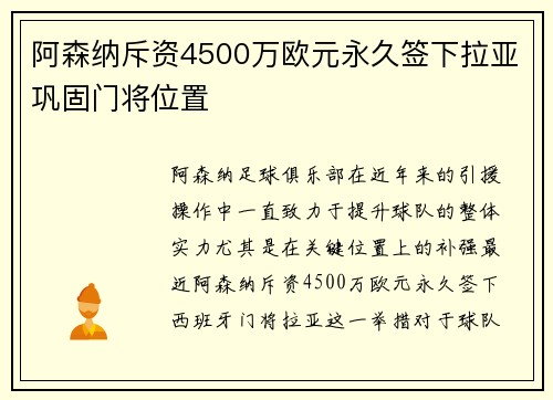 阿森纳斥资4500万欧元永久签下拉亚巩固门将位置